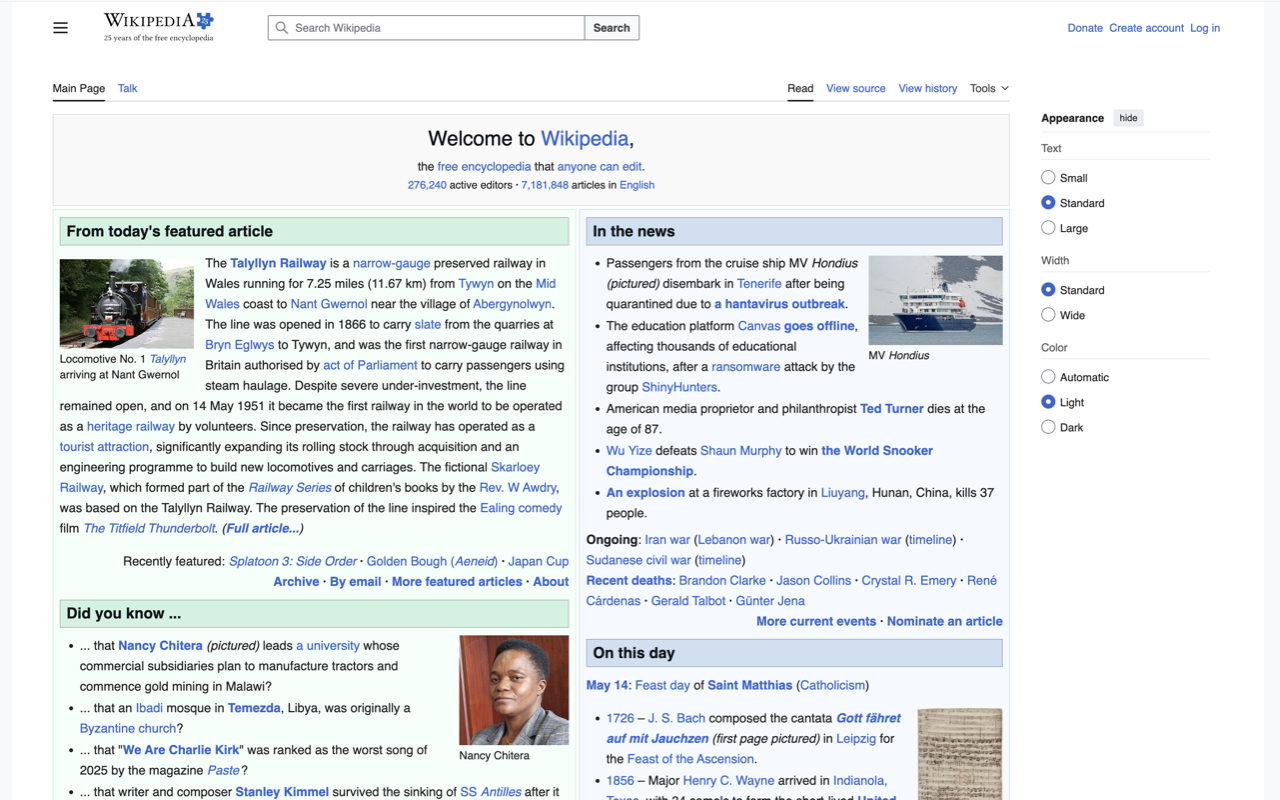 Wikipedia page with Xray off — normal rendering