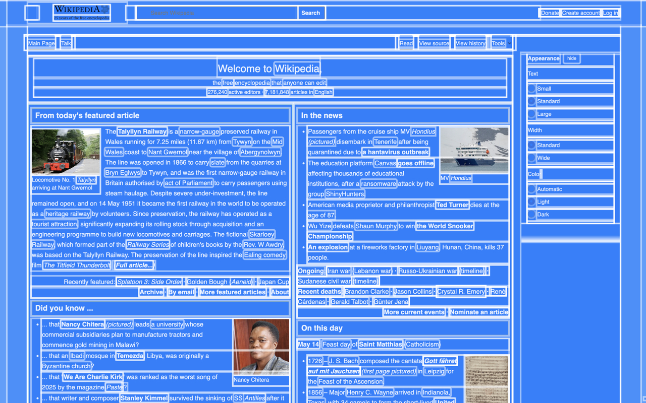 Wikipedia page with Xray on — every element outlined in blue